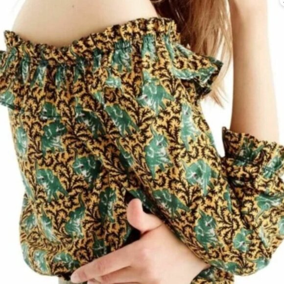 J. Crew Tops - J.Crew Off Shoulder Ratti Top Elephant Print 8 Button Front Ruffle 3/4 Sleeve